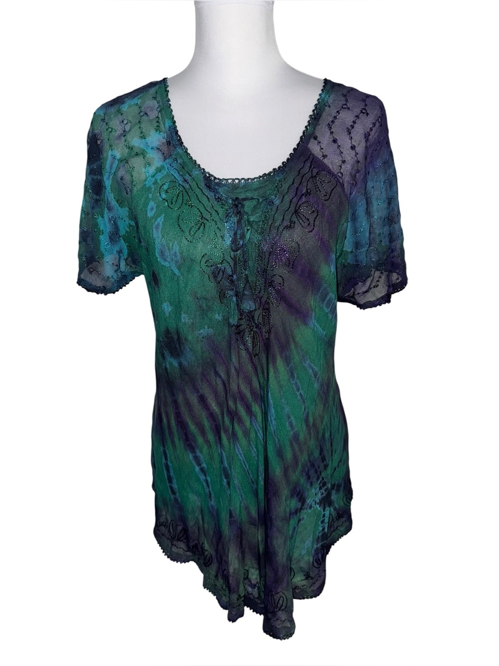 Advance Apparels Plus Size Tie Dye Embroidered Peasant Tunic Boho Top NWT